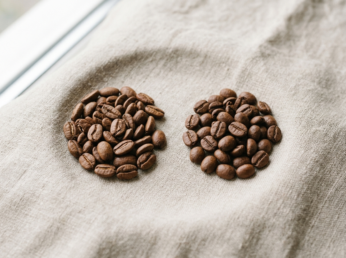 Diferencias visuales entre granos de café arábica y café robusta