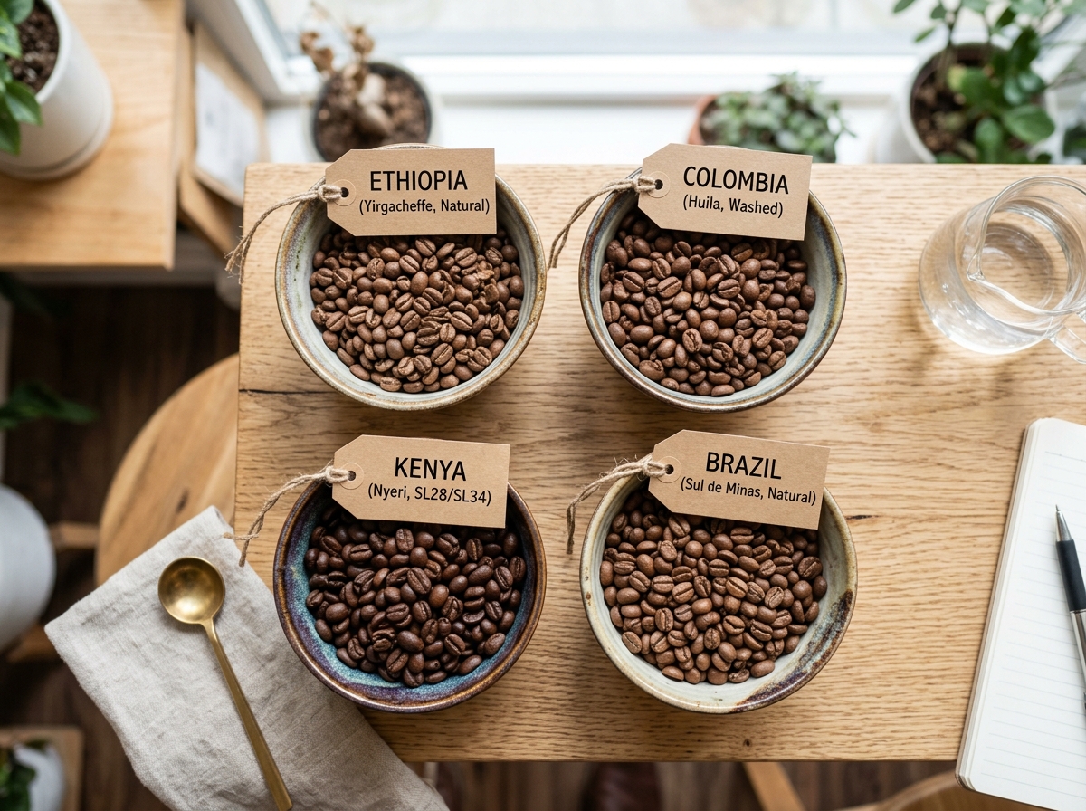 Cuencos de cata con granos de café de Etiopía, Colombia, Kenia y Brasil