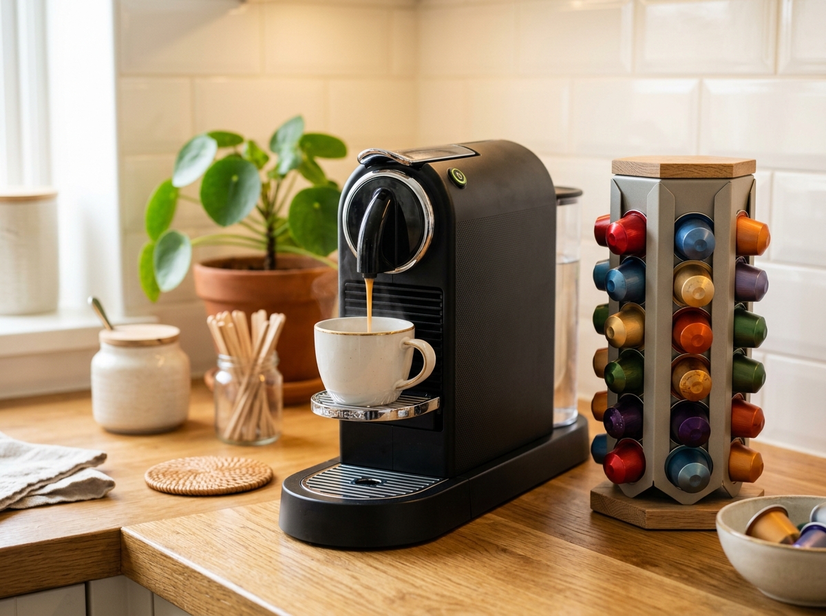 Cafetera de cápsulas moderna y compacta