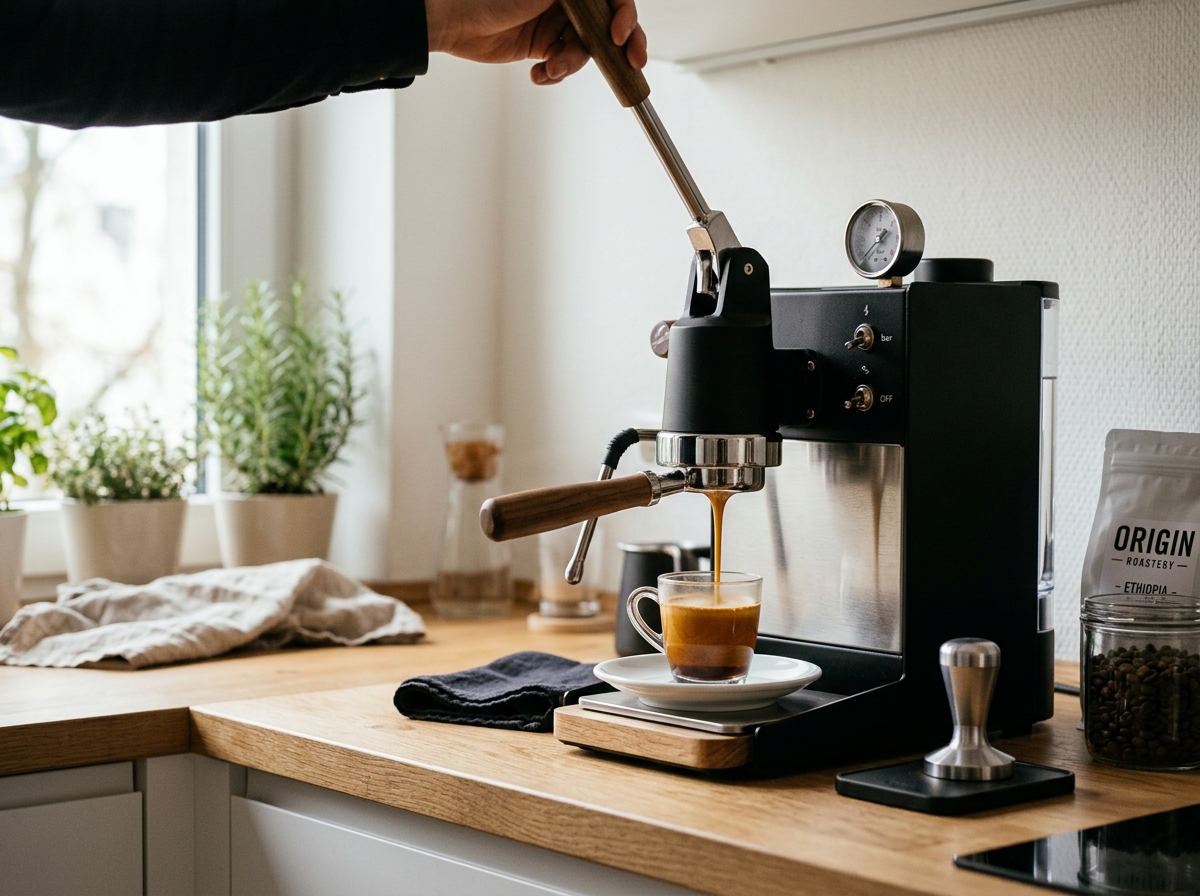 Cafetera espresso manual con portafiltro y crema dorada