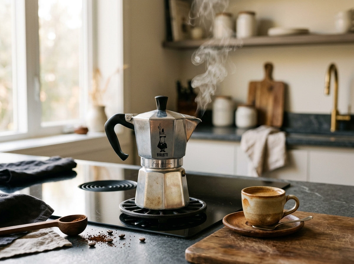 Cafetera italiana moka sobre encimera moderna