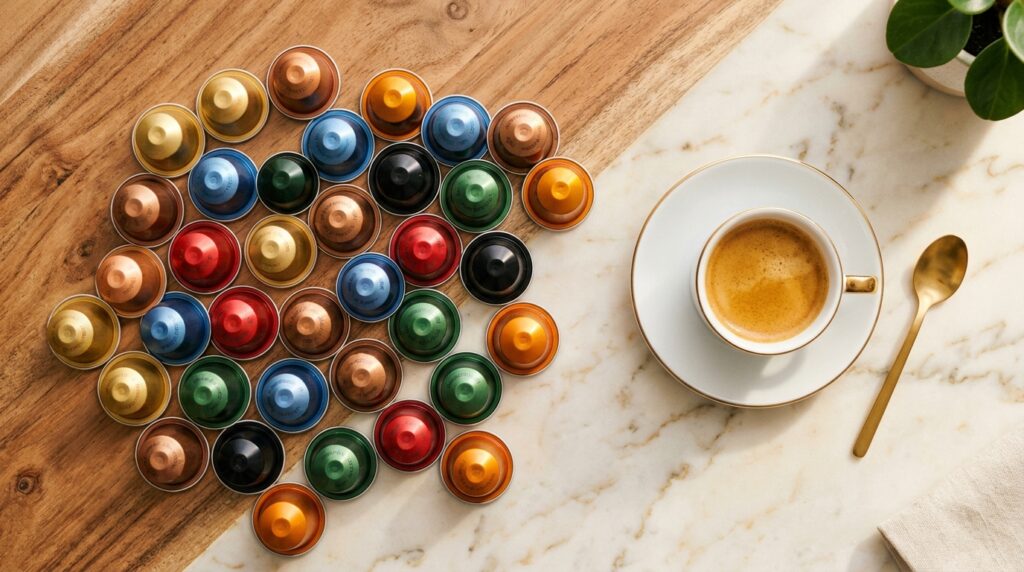 Variedad de cápsulas de café de aluminio junto a una taza de espresso