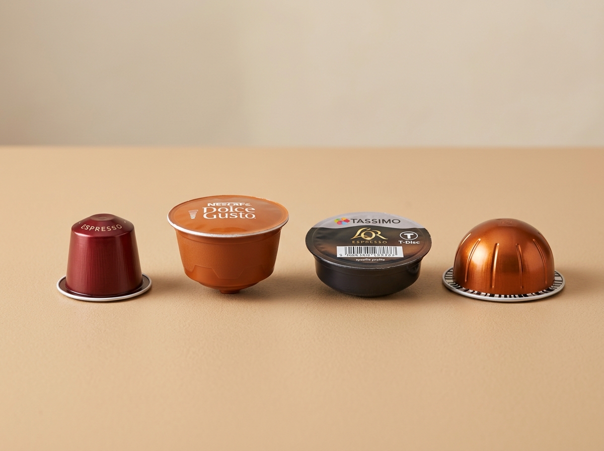 Formatos de cápsulas Nespresso Original, Nescafé Dolce Gusto, Tassimo T-Disc y Nespresso Vertuo